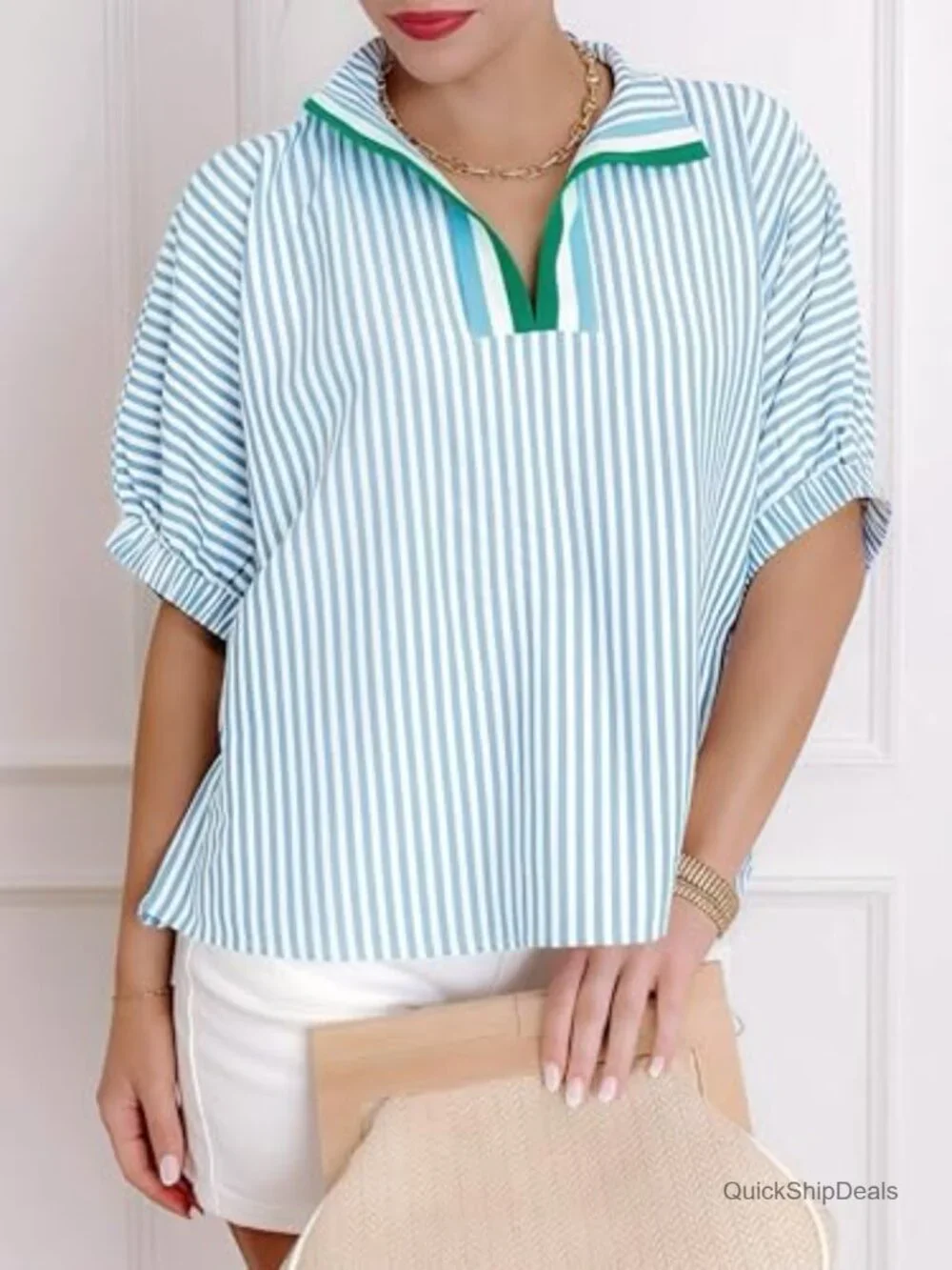 Striped Contrast Neck Blouse | Dolman Puff Sleeve Top | Relaxed Fit